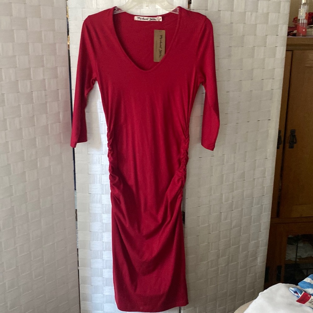 NWT Michael Stars ruched ruby red midi dress